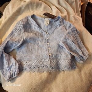 Heart and Arrow Charlotte Top Girls 7/8 Light Blue Cotton Gauze Lace Hem NWT